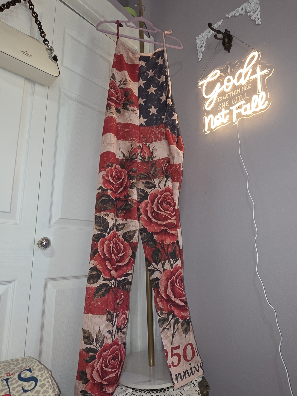 Women's 250th 4th Of JULY patriotic Theme Light Crepe Americana Flag Jumpsuit